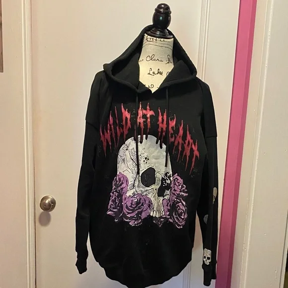 No Boundaries Black Hoodie with Skull and Purple Rose Design - Picture 1 of 3
